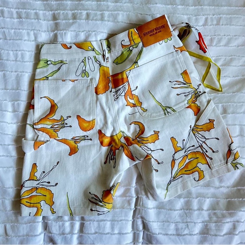 Beautiful hand painted floral carpenter shorts with matching 100% silk scarf